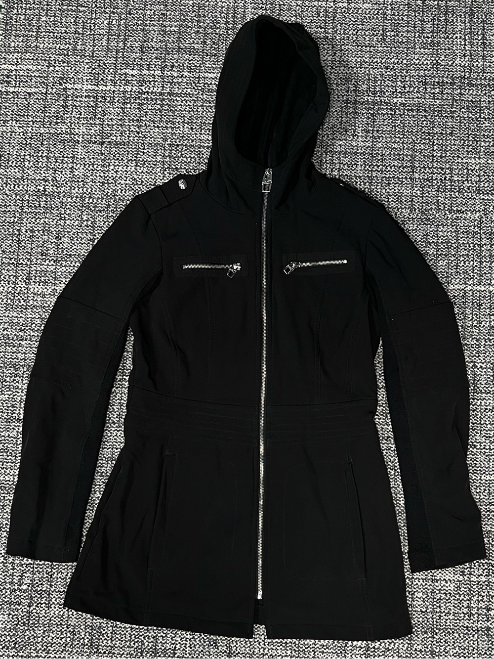 Miss Sixty Black Hooded Trench Coat with Silver Zippers